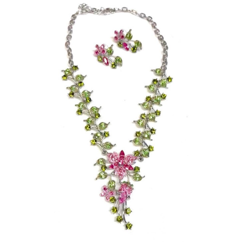 Pink & Green Rhinestone Flower Necklace with Earrings Fairy